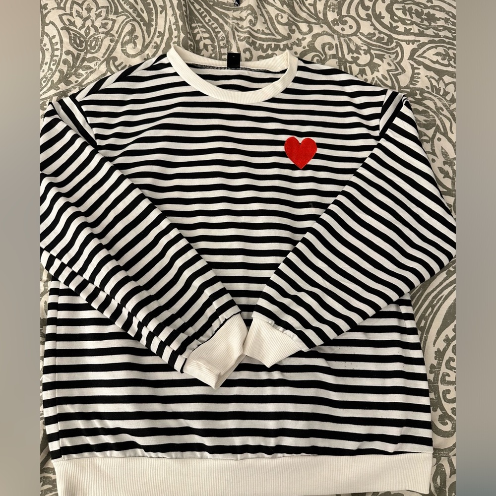 Long sleeve, black and white striped T-shirt with red Heart